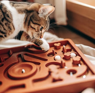A tabby cat playing with a puzzle feeder to get treats.