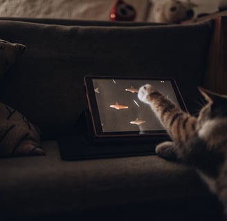 A curious cat pawing at a tablet screen showing a fish game.