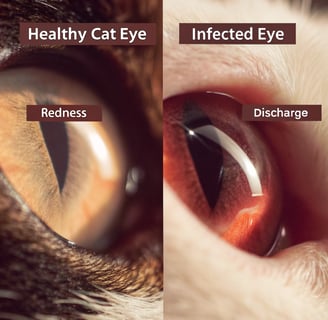 A side-by-side comparison of healthy and unhealthy cat eyes and ears.