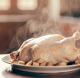 A dish of freshly cooked chicken prepared for a cat's meal.