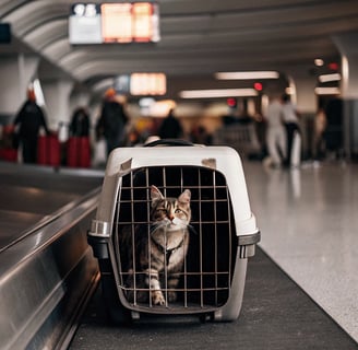 A cat comfortably sitting inside a travel carrier at an airport terminal