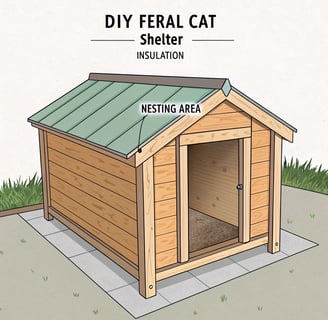 A labeled illustration of a DIY feral cat shelter with insulation and a covered entrance