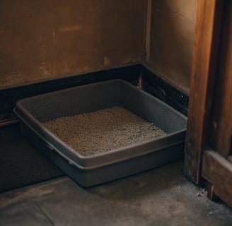 A large litter box with fine-grain, unscented litter placed in a corner.
