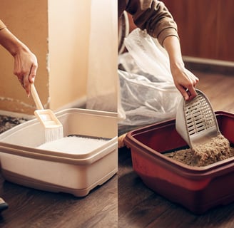 A person pouring used litter into a trash bag and cleaning the box with a sponge.