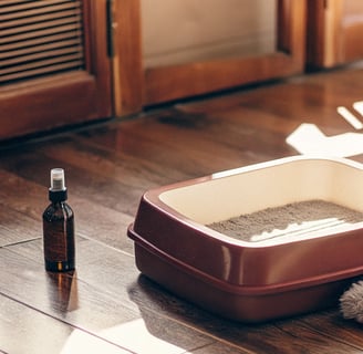 A litter deodorizer bottle placed beside a freshly cleaned litter box.