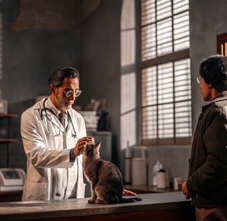 A vet advising a cat owner about choosing the right diet.