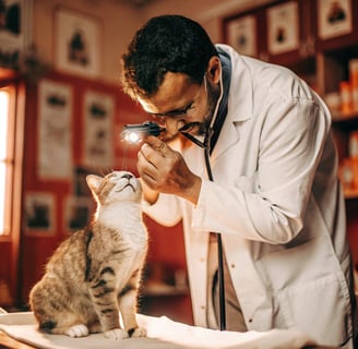 A vet examining a cat’s ears or eyes.