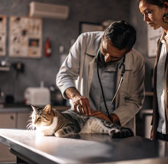 A vet gently examining a calm cat on the table, with the owner nearby.