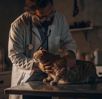 A vet checking an overweight cat for potential health issues related to diabetes