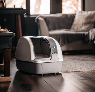 A modern self-cleaning litter box operating in a home setting.