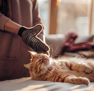 A person wearing a grooming glove and brushing loose fur off a cat.