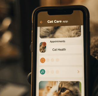 A mobile app interface showing a cat’s feeding schedule and health data.