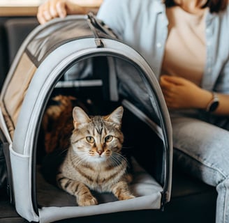 a cat in a cat bed in a woman's lap