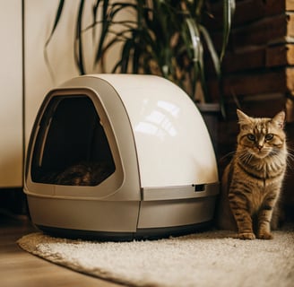 A self-cleaning smart litter box placed in a modern home.