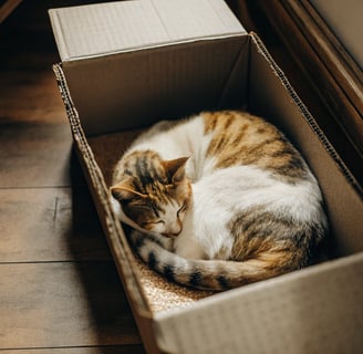 A sleeping cat nestled inside a small cardboard box for warmth.