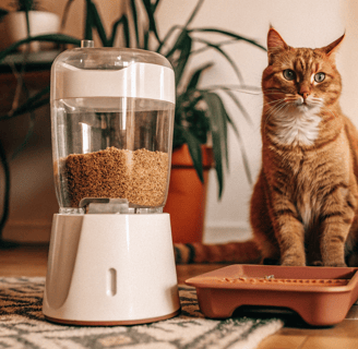 A black-and-white cat eating from an automated smart feeder.