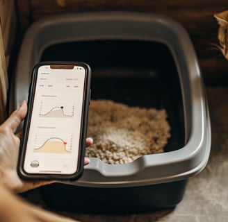 A smartphone app displaying real-time data from a connected smart litter box.