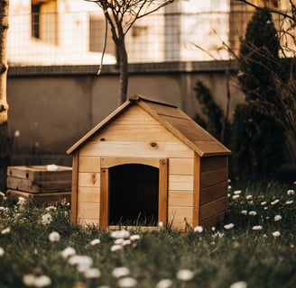 A well-built wooden feral cat shelter placed on a raised platform for insulation
