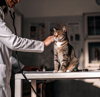 A veterinarian giving a cat a routine exam in a budget-friendly clinic