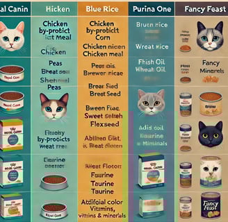 A side-by-side comparison of ingredients in different cat food brands