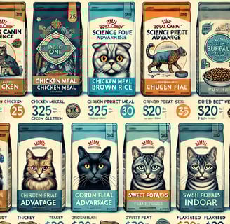 Affordable cat food brands displayed with price and nutrition labels