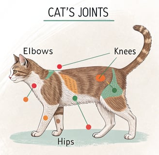 Diagram of a cat’s joints showing areas affected by arthritis