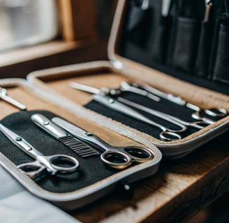 Grooming scissors and clippers designed for cats placed neatly on a table.