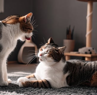 Two cats grooming each other as a sign of affection.