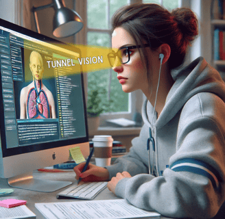 A medical student/resident answering QBank questions missing vignette clues due to tunnel vision.