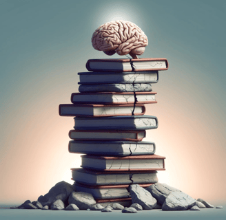 A brain atop a stack of books with cracks throughout demonstrating a weak knowledge foundation.