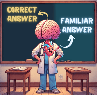 A cartoon character representing a resident deciding between USMLE question answers.
