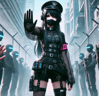 Vara in a cyberpunk themed security outfit with a mask on