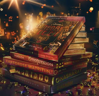 a stack of books with confetti on them