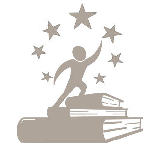 a person reaching for stars while moving up stairs made of books.