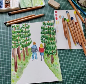 a work in progress picture of a watercolour painting of a couple walking in the woods