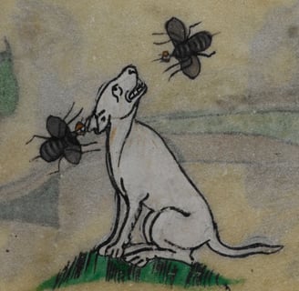 Details of bees and dog from Maastricht Book of Hours, BL Stowe MS.17, f. 48r