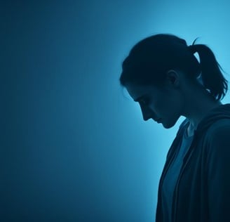 a woman in a dark room with a blue light