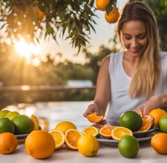 a woman is cutting oranges on a plate