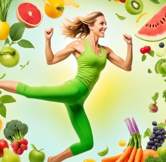 a woman in green outfit jumping in the air