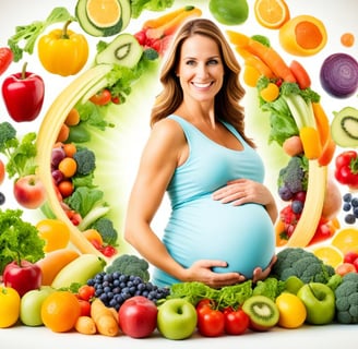 a pregnant woman with a large belly in a circle of fruits and vegetables