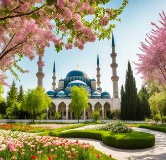 a beautiful blue mosque in the middle of a park