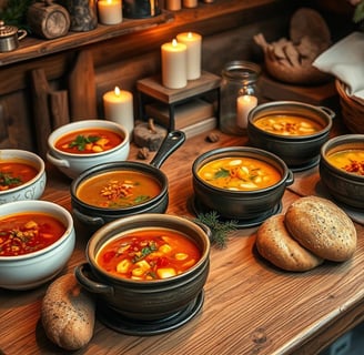 a table with bowls of soup and bread