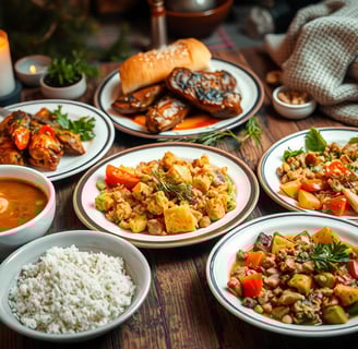 a table with plates of food and candles