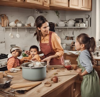 a woman in a kitchen with two children