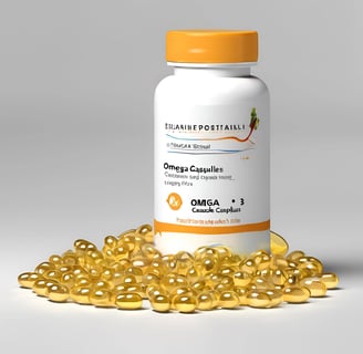 a bottle of omegaine capsules and some vitamins