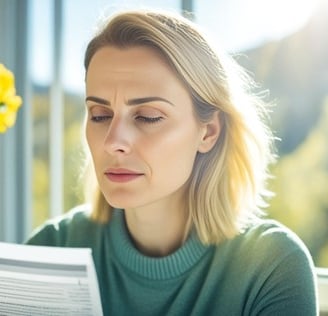a woman in a green sweater is reading a paper