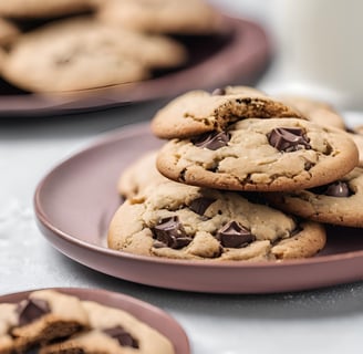 a stack of chocolate chip cookies on a plate