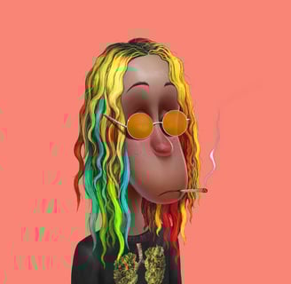a cartoonish looking woman with colorful hair and glasses