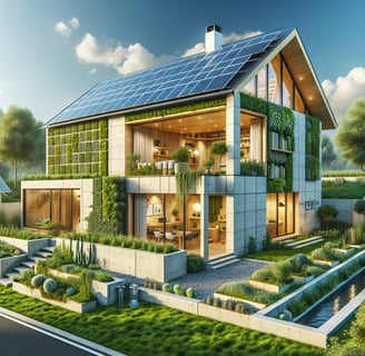 Maison éco avec panneaux solaires et jardin vertical.
