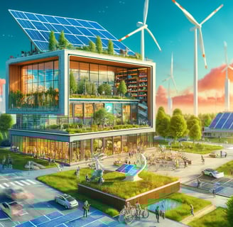 Vue d'un bâtiment durable avec panneaux solaires, éolienne et verdure en 2024